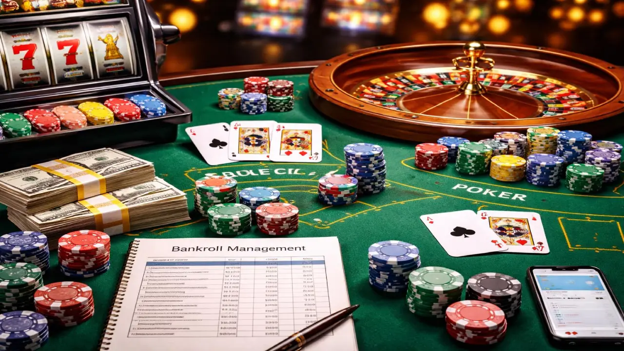 Casino table with chips, cards, roulette wheel, and cash alongside bankroll management sheet representing strategies for managing money in different casino games