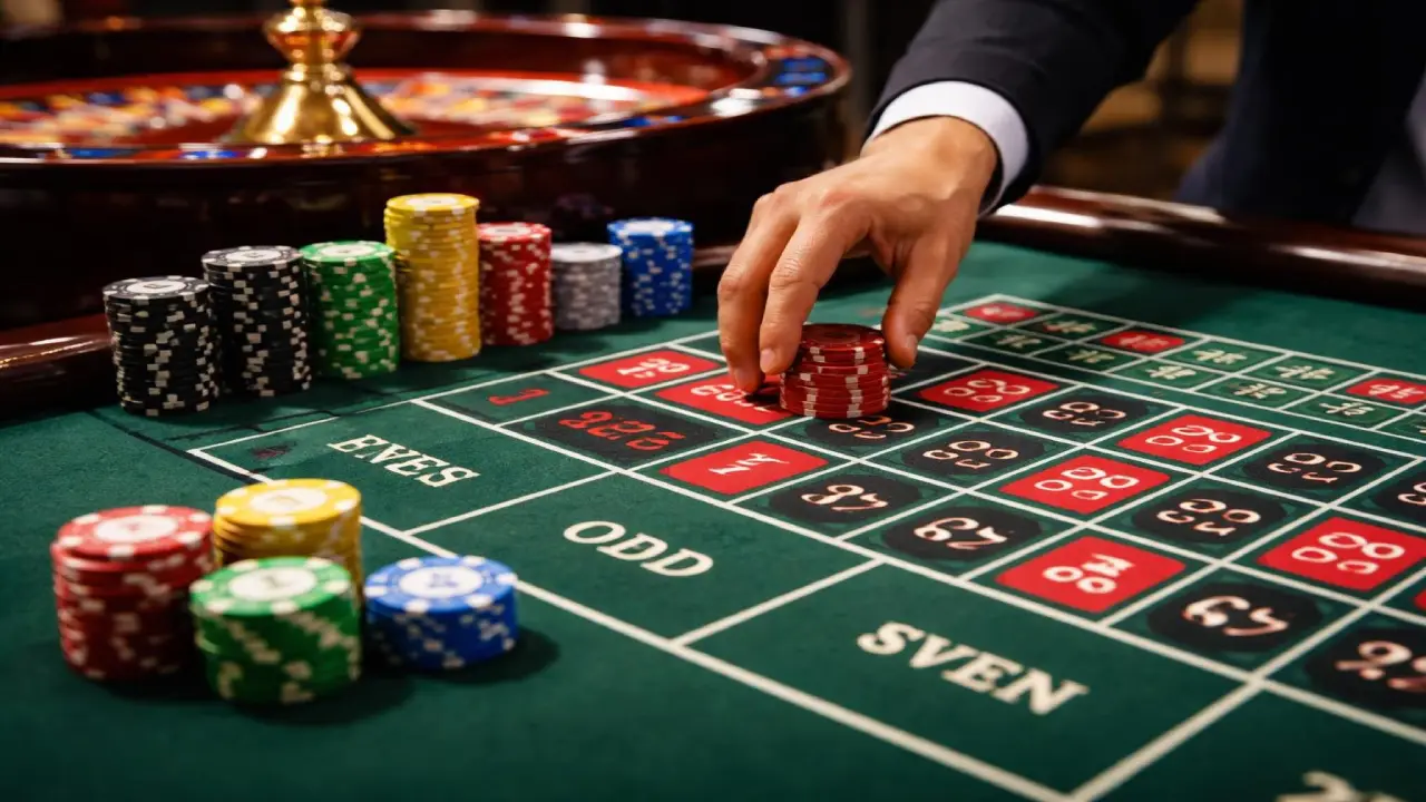 Close-up of roulette table with player placing chips on numbers showing different bet types and bankroll management strategies in casino roulette