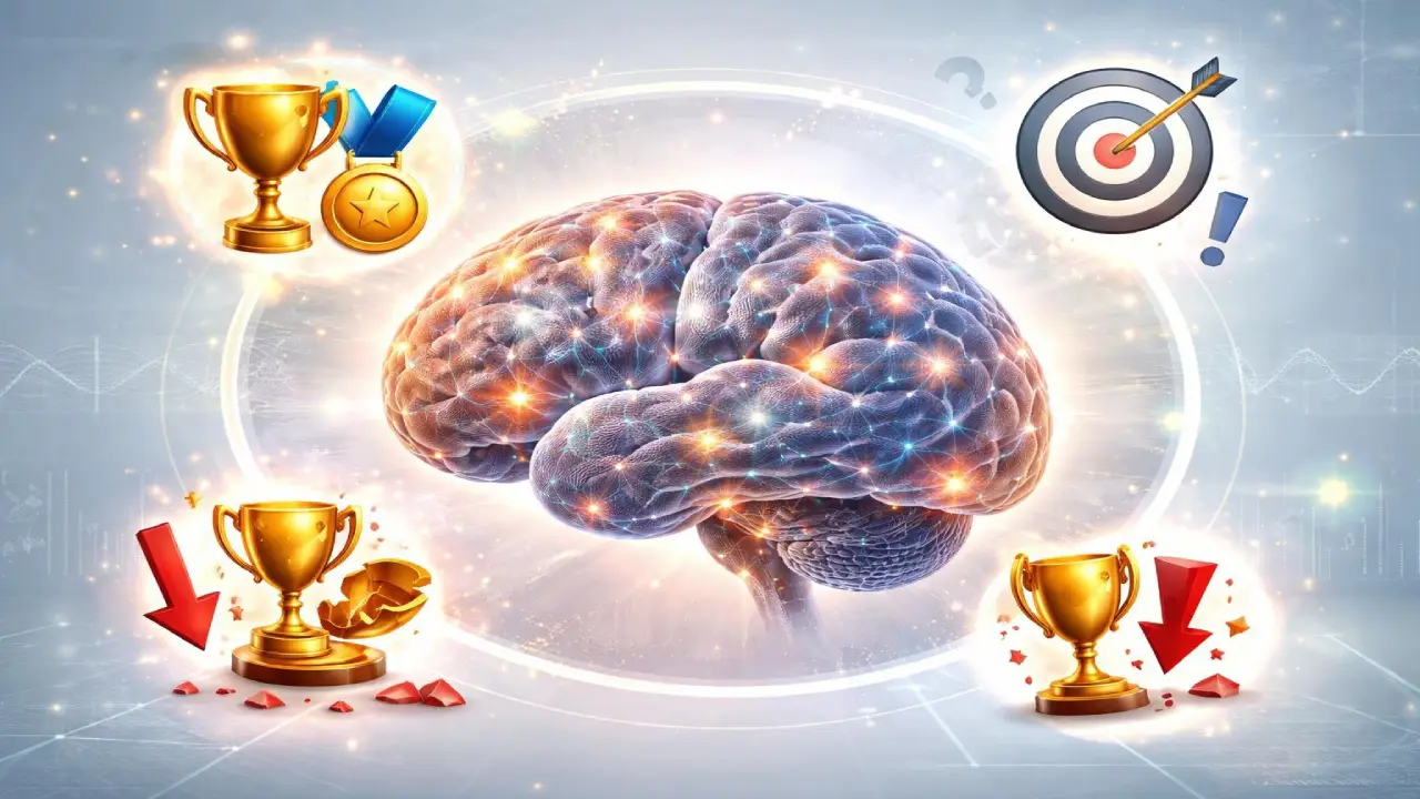 Illustration of human brain with reward and loss symbols showing how wins, losses, and near misses influence brain activity and gambling behavior over time