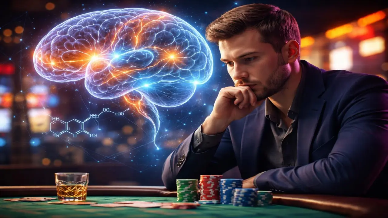 Man sitting at casino table with chips and drink while digital brain illustration shows neural activity representing dopamine and the psychology behind gambling behavior