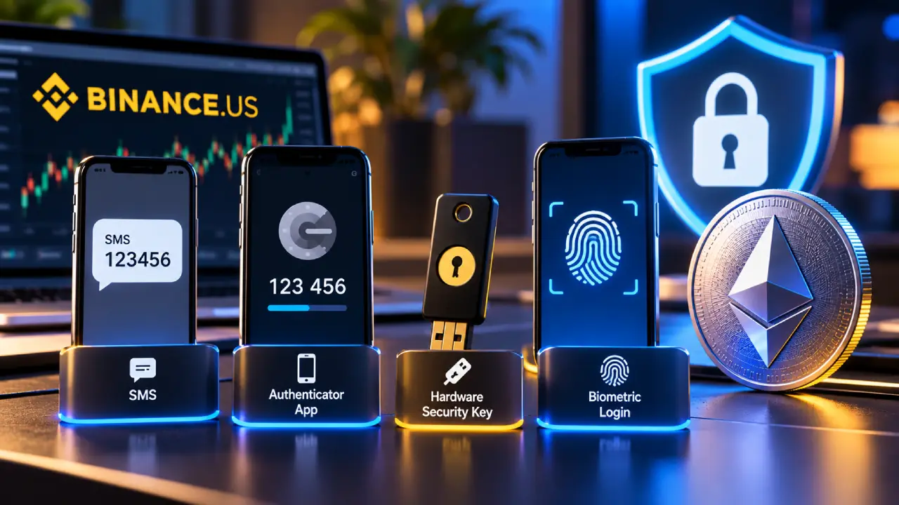 Comparison of SMS, authenticator app, hardware security key, and biometric login methods for protecting a Binance.US account and Ethereum.