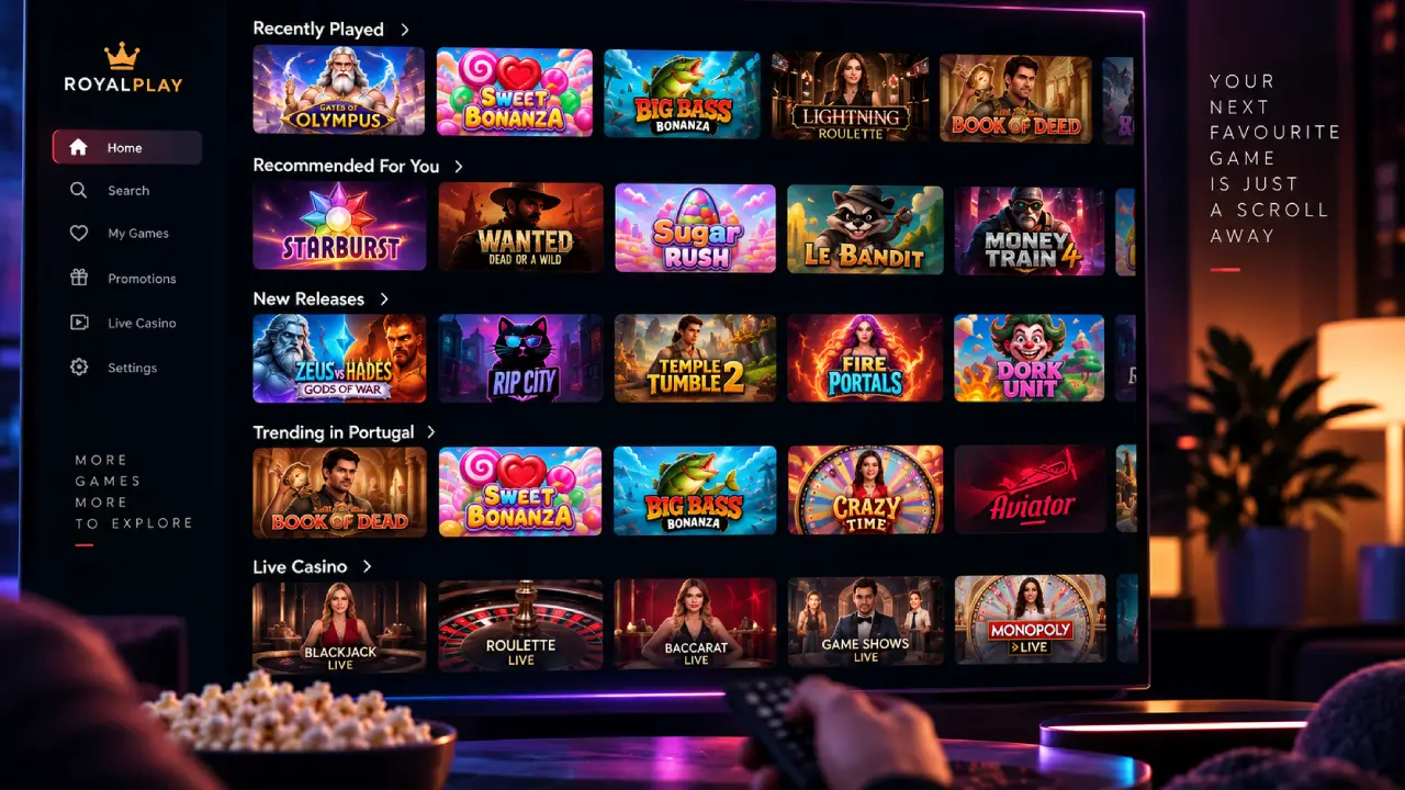 Modern online casino lobby using streaming-style horizontal content rails for recently played games, personalized recommendations, new releases, trending titles in Portugal, and live casino games.