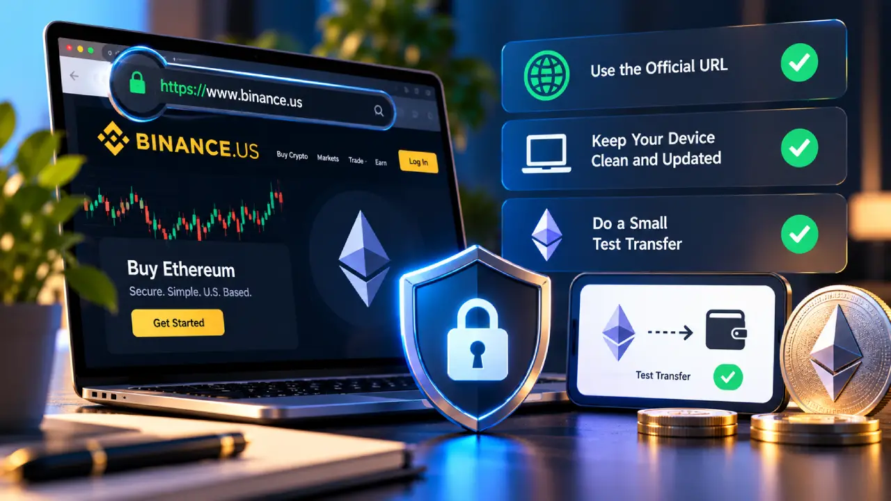 Secure Binance.US Ethereum purchase showing official URL verification, device security, and a small ETH test transfer before moving funds.