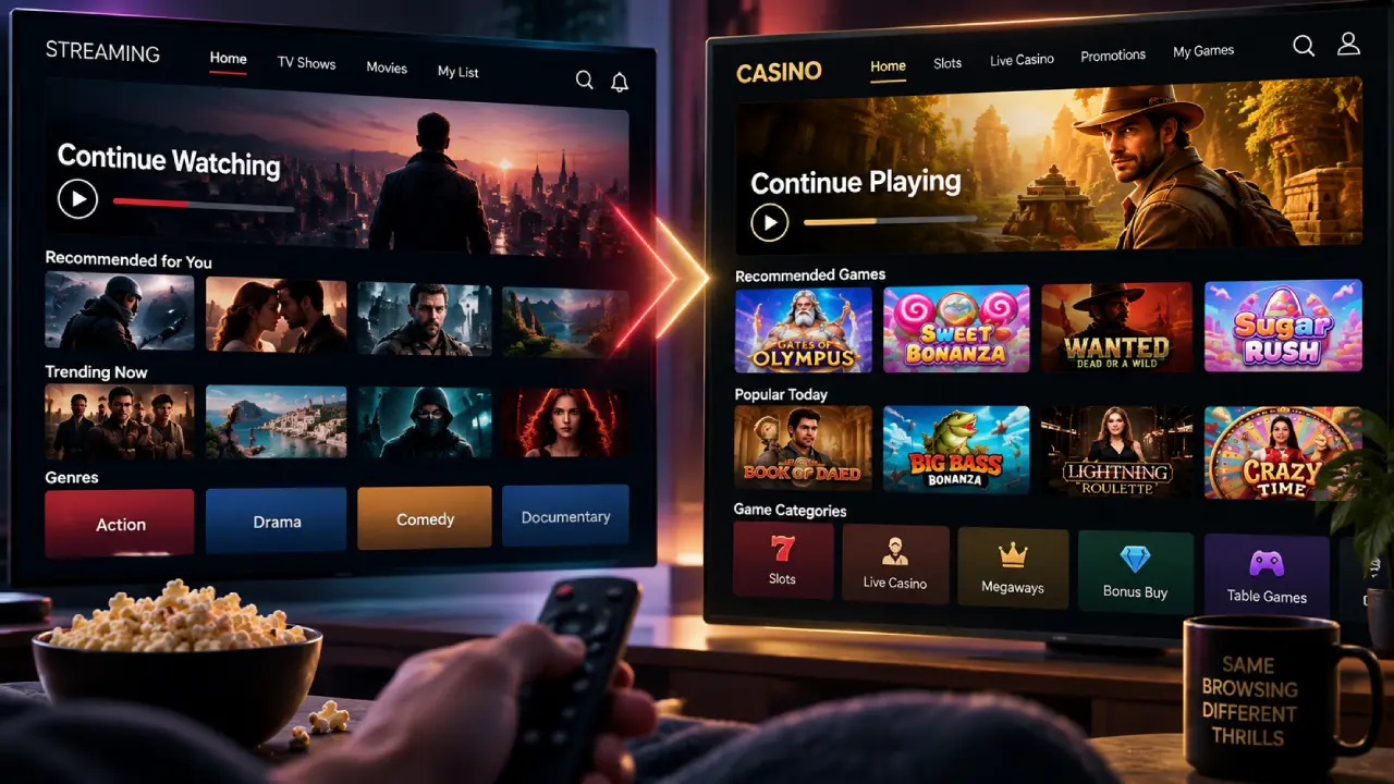 Side-by-side comparison of a streaming platform and online casino lobby featuring continue playing, personalized recommendations, trending content, and game categories.