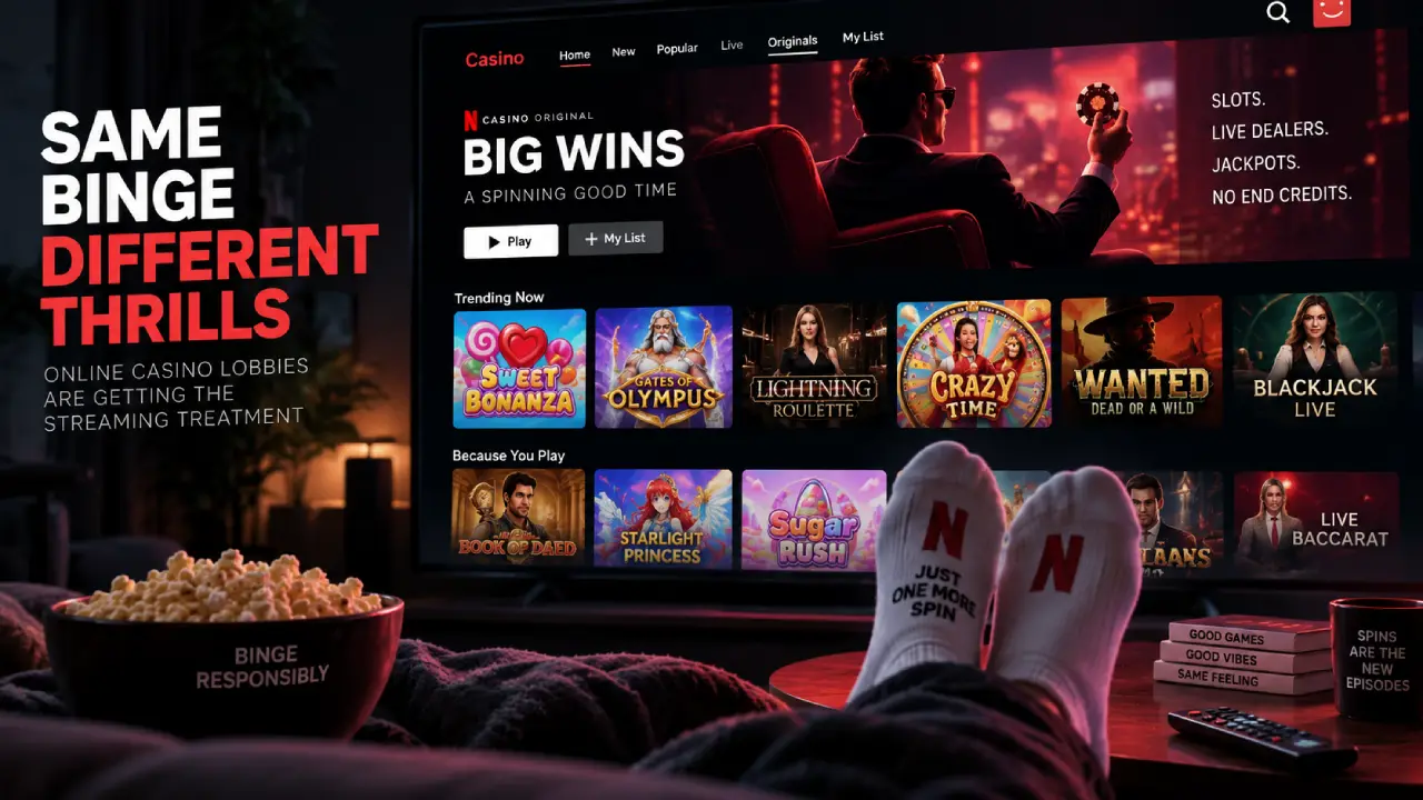 Modern online casino lobby designed like a streaming platform, showing personalized game recommendations, trending slots, live dealer games, and a Netflix-style interface.