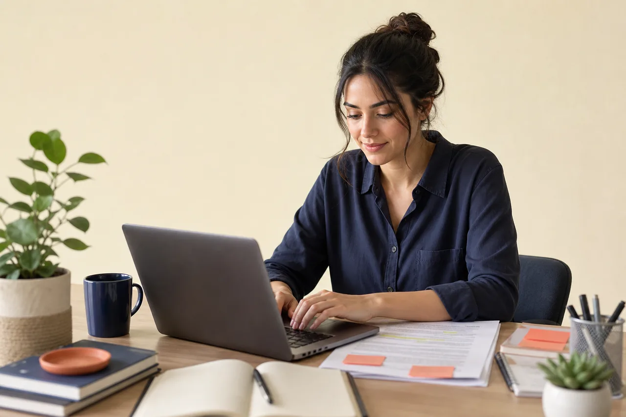 Writer drafting an article from an outline for AI search visibility