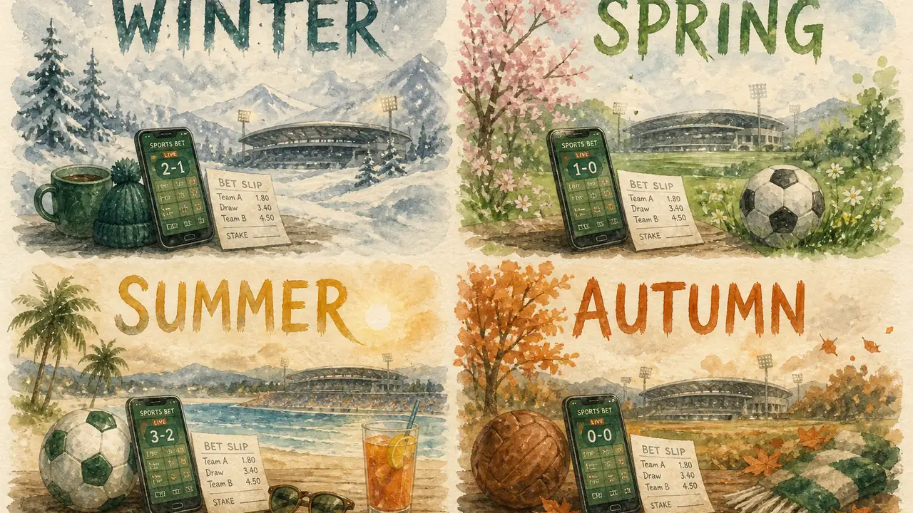 Four-quadrant watercolour of a sports betting year across seasons