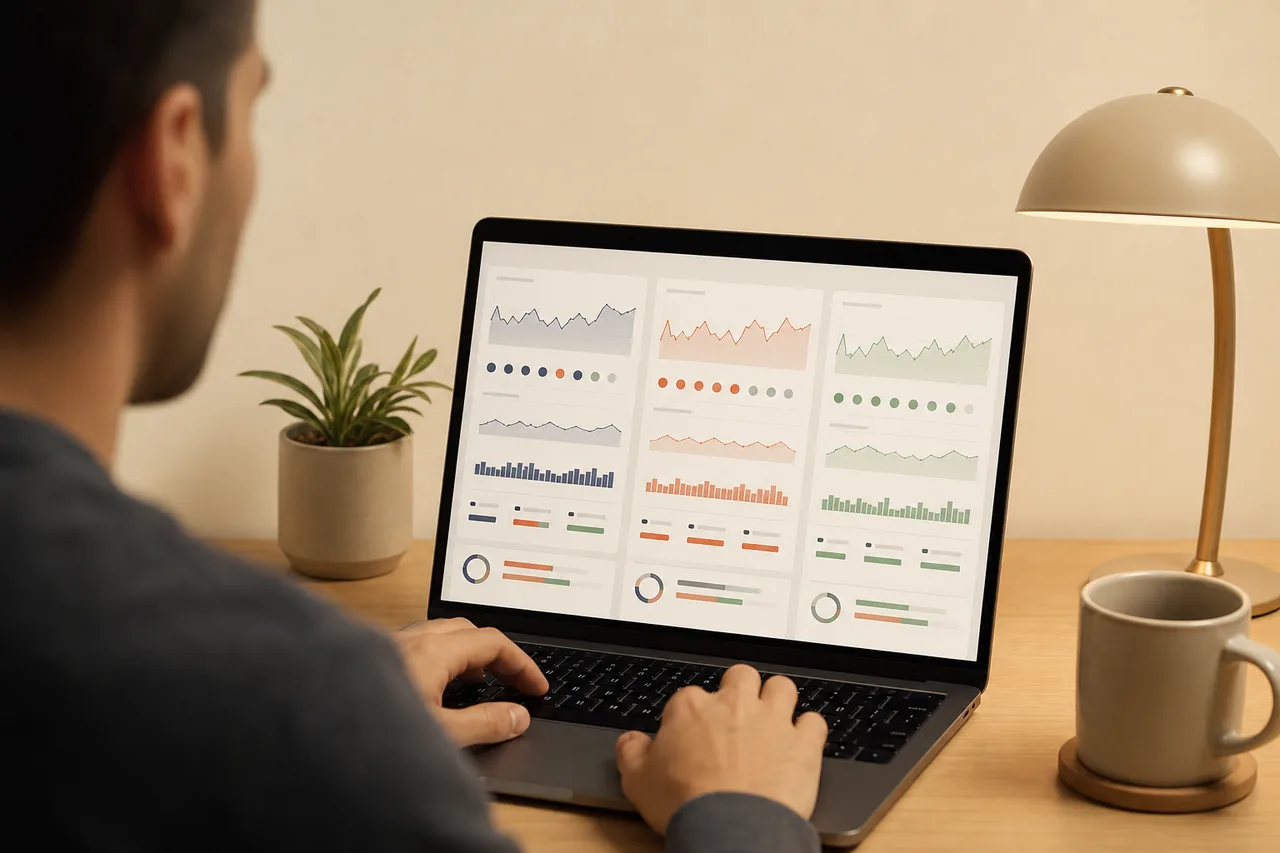 Laptop showing three monitoring columns, tracking AI search visibility across engines